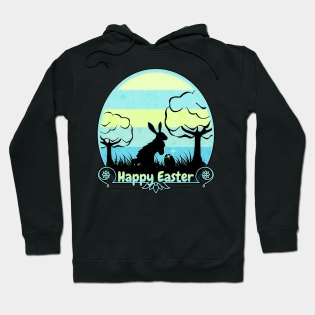 Happy Easter Bunny Retro Sunset Badge Baby Blue Edition Hoodie by mythikcreationz